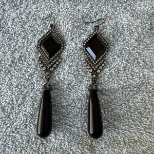 Black Art Deco Gothic Chandelier Drop Earrings Gunmetal Rhinestone Statement